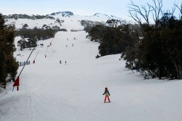 Snow run with people skiing down the hill 